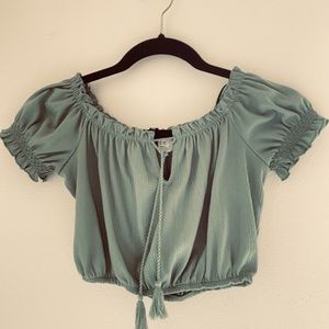 DIVIDED by h&m | Off-the-Shoulder Crop Top with Tassles | Sage Green | Size S